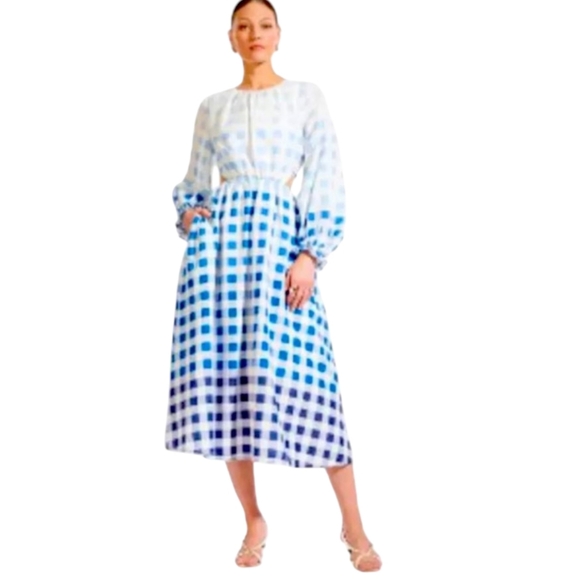 STAUD blanche blue white cottagecore ombre gingham check cutout midi dress small - Picture 6 of 15